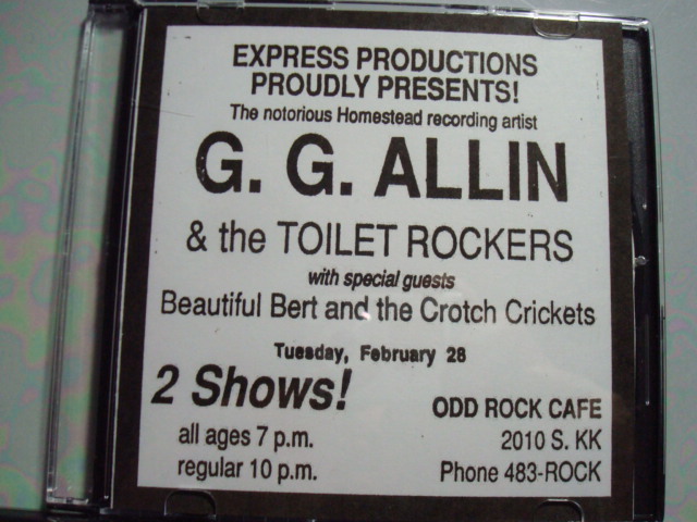 GG ALLIN & THE TOILET ROCKERS at ODD ROCK CAFE, MILWAUKEE, WI on FEBRUARY 28, 1989 CD